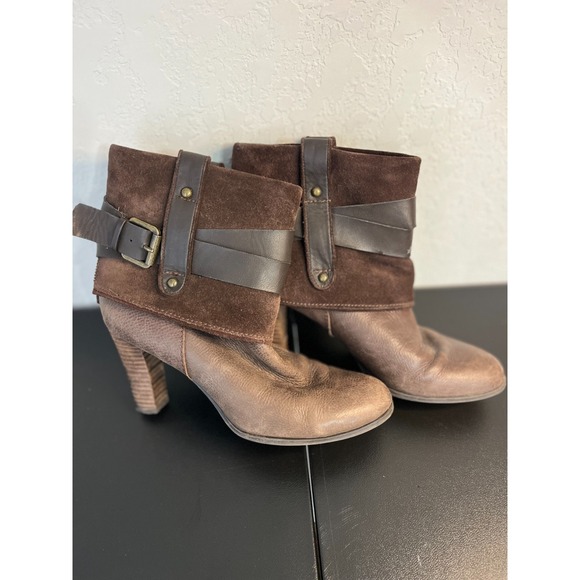 Nine West Shoes - Nine West Natica Brown Leather Suede Buckle Detail Heel Bootie Size 9M